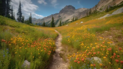 Fototapeta premium trail leading onto mountains with flowering meadows. Generative AI