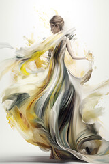 A woman in a yellow and white dress. AI generative illustration on white background.