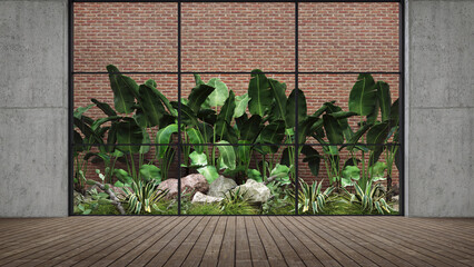 Empty room, with tropical green plant wall background. 3d render, Brick and concrete walls and wooden floor.