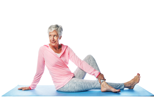 Yoga, fitness and senior woman isolated on transparent, png background for wellness, health and thinking on floor. Relax, body and elderly person with ideas for pilates training, workout or exercise