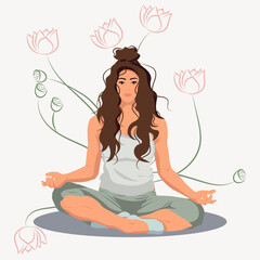 faceless girl silhouette yoga lotus position in light clothes with plants flat style harmony sports beautiful