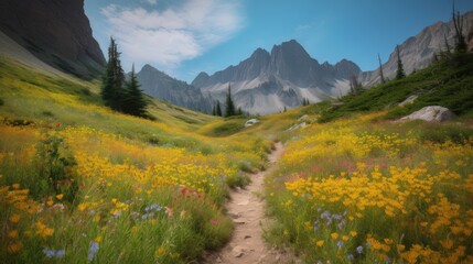 trail leading onto mountains with flowering meadows. Generative AI
