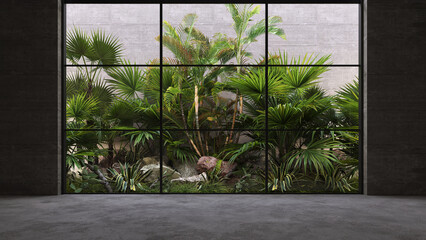 Empty glass room, with tropical green plant wall background. 3d render, Concrete floor and walls.