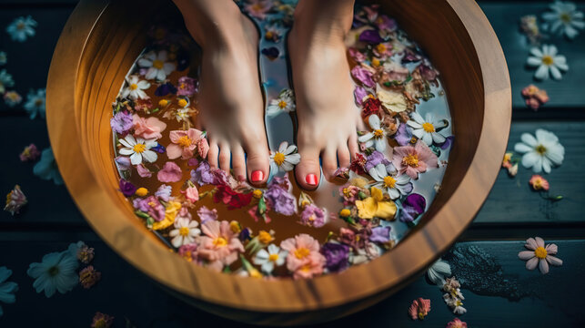 Manicured female feet in spa wooden bowl with flowers and water closeup, generative ai