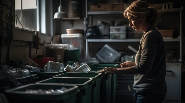 A mid-shot of a woman sorting her recyclables into designated bins in her garage, demonstrating the importance of proper recycling practices. Generative AI