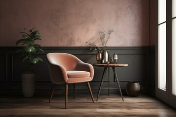 3D interior design of armchair and table, against empty wall. Generative AI