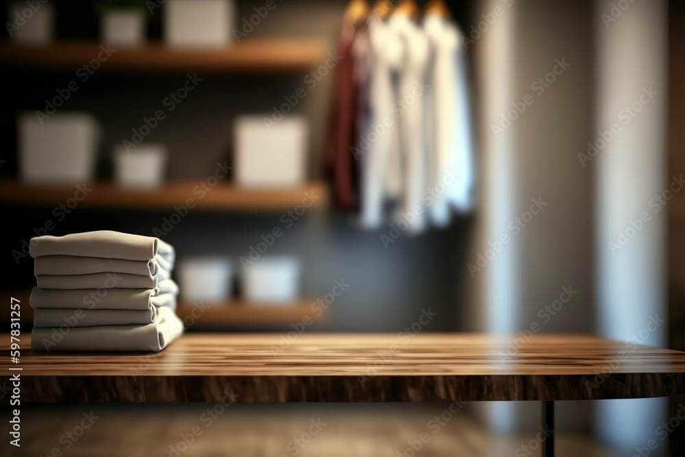 Poster wooden display table with blurred walk in closet in background. flawless generative ai
