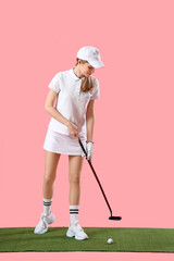 Young woman playing golf on pink background