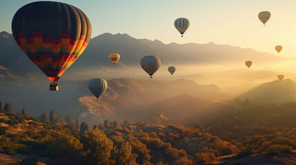 Fototapeta premium Colorful hot air balloons flying above high mountain at beautiful sunrise, generative ai