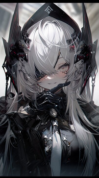 A cute anime-style virtual idol, vtuber, or digital character with a futuristic look, AI generative black white image