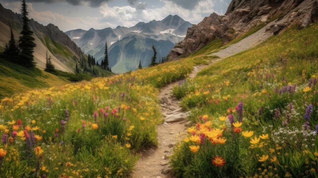 trail leading onto mountains with flowering meadows. Generative AI