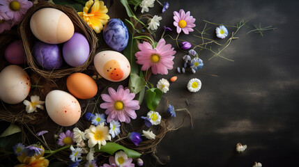 Obraz na płótnie Canvas Easter background with Easter eggs and spring flowers. Top view with copy space, generative ai