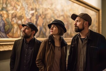 A group of friends visiting a famous art gallery, admiring and discussing the masterpieces on display. Generative AI