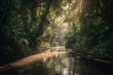 Fototapeta na wymiar A waterway in a tropical forest. Generative AI