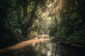 Foto op Plexiglas A waterway in a tropical forest. Generative AI © Lirien
