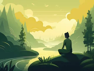 Gordijnen A man meditating in yoga in front of mountain view at sunrise. landscape digital art illustration © Yan