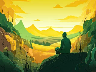 Tuinposter A man meditating in yoga in front of mountain view at sunrise. landscape digital art illustration © Yan