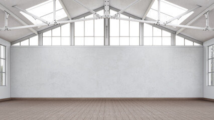Empty, loft industrial interior. White walls and big windows. Interior warehouse concept background . 3d Render