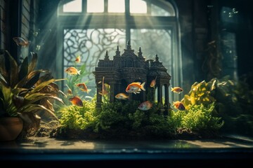 Colorful fish in aquarium with sunlight reflecting on water, green seaweed & castle ornament. Generative AI