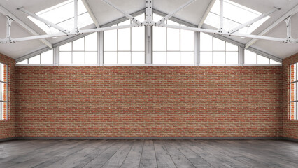 Empty, loft industrial interior. Brick walls and big windows. Interior warehouse concept background . 3d Render