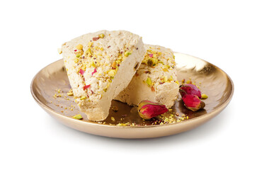 Plate with pieces of tasty Tahini halva on white background