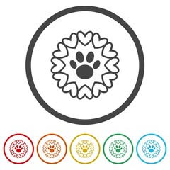 Animal love symbol paw print with heart. Set icons in color circle buttons