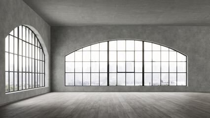 Empty, loft industrial interior. Big windows and concrete walls, floor. Interior concept background . 3d Render