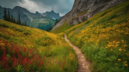 Fototapeta na wymiar trail leading onto mountains with flowering meadows. Generative AI