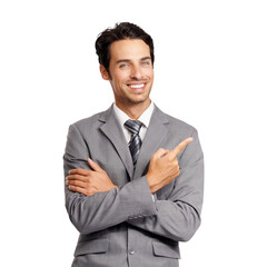 Business man, smile portrait and pointing hand for advertising, promotion or presentation. Happy male entrepreneur person gesture for marketing direction isolated on a transparent, png background
