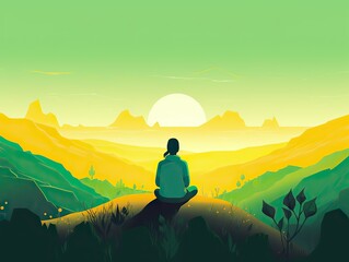 A man meditating in yoga in front of mountain view at sunrise. landscape digital art illustration - obrazy, fototapety, plakaty