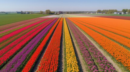 Colorful open field with beautiful tulips. Generative AI