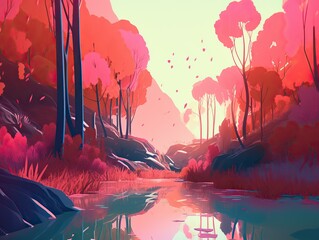 Calm forest in front of river mountain view at sunrise. Colorful landscape digital art illustration