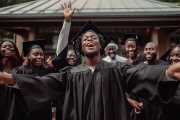 Obraz premium Young male graduate, wearing his cap and gown, tossing his mortarboard into the air in a triumphant gesture. Generative AI