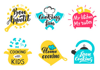 Obraz premium Cooking lettering labels. Kitchen utensils and accessories for culinary master class, restaurant or cafe stickers