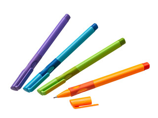 A set of bright ballpoint pens in different colors with a closed cap on a white background. Stationery