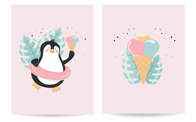 Funny penguin with ice cream.  Beautiful design for postcards, covers, packaging. Vector illustration A set for creating a postcard, cover, invitation, packaging. Vector design