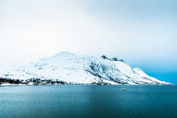 Ersfjorden in Troms, Norway, in winter. Ersfjorden is a fjord in the Tromso municipality of Norway