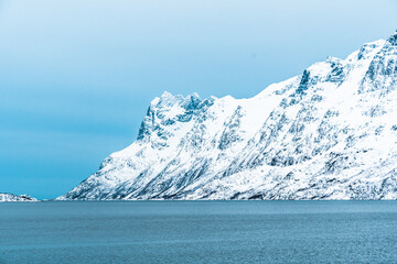Ersfjorden in Troms, Norway, in winter. Ersfjorden is a fjord in the Tromso municipality of Norway