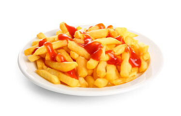 Plate of tasty french fries and ketchup isolated on white background