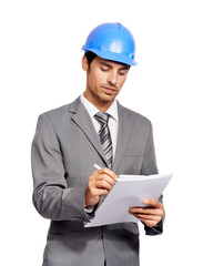 Engineering, business man and paperwork isolated on a transparent, png background for compliance check or inspection. Architecture, floor plan and writing of contractor or professional person in suit