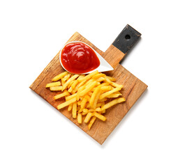 Wooden board of tasty french fries and ketchup on white background