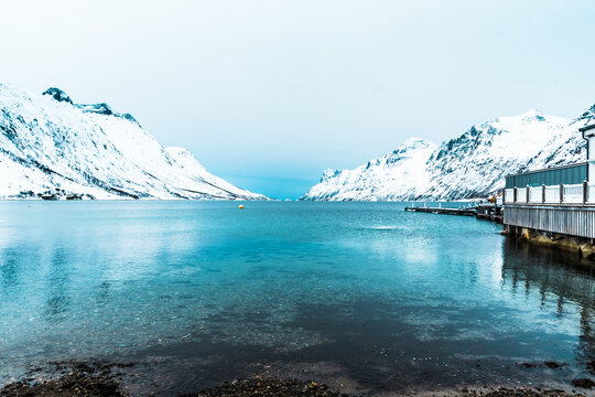 Ersfjorden in Troms, Norway, in winter. Ersfjorden is a fjord in the Tromso municipality of Norway