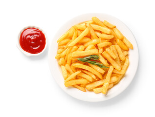 Plate of tasty french fries and ketchup on white background