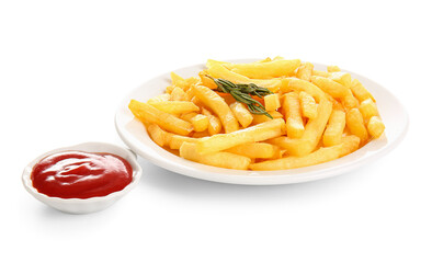 Plate of tasty french fries and ketchup on white background