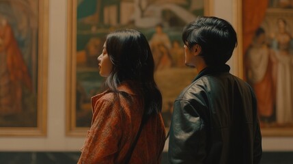 Fototapeta premium A couple exploring a famous art museum with an audio guide, admiring a famous painting together. Generative AI