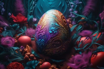 Obraz na płótnie Canvas Lovely backdrop adorned with vibrant Easter egg art. Generative AI