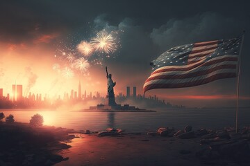 Fototapeta premium USA banner, Liberty statue and fireworks, fourth of july, independence day concept