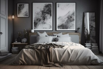 Hipster bedroom with poster frame mock-up, Scandinavian-style, 3D rendered illustration. Generative AI