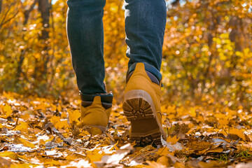 A man in red shoes walks through the autumn forest. Orange boots on yellow dry fallen leaves. Rest, relaxation in the autumn forest. Autumn concept of walking through forest. Recreation and travel.