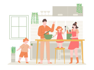Family cooking together. Children helping parents to prepare dinner in kitchen. Kids with father and mother making homemade food